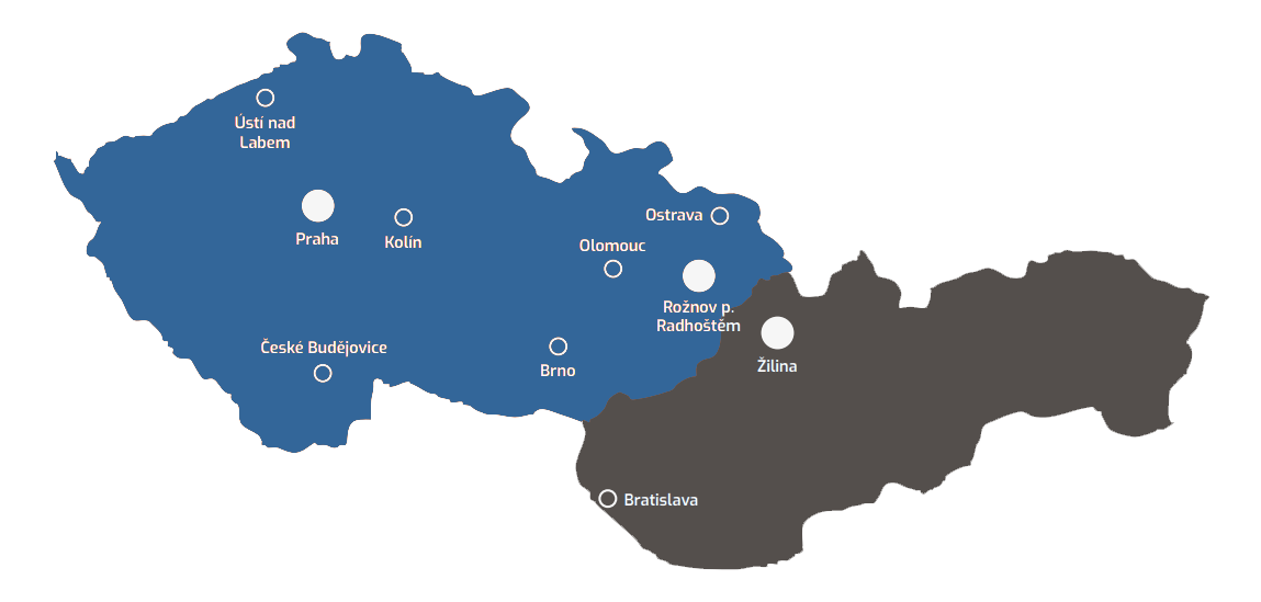 Mapa obchodního zastoupení termovize společnosti FLIR v České a Slovenské republice
