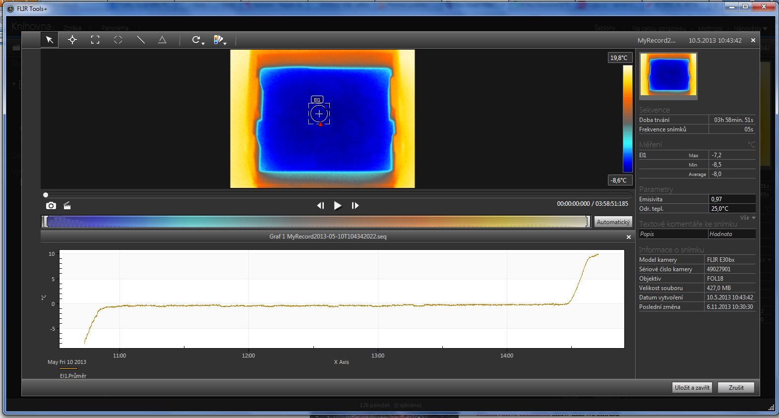 Radiometrická sekvence zaznamenaná termokamerou FLIR v SW FLIR TOOLS+