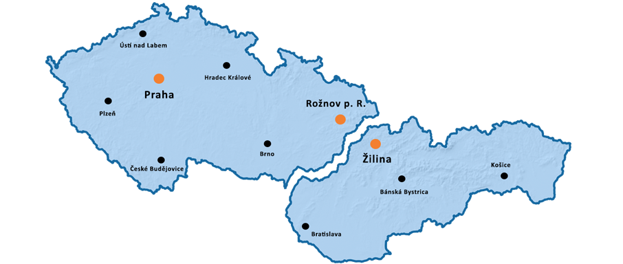 Mapa obchodního zastoupení termovize společnosti FLIR v České a Slovenské republice