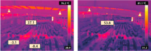Sklad perspektivou termokamery FLIR A310. Teplota je uvedena ve stupních Celsia a ukazuje na její lokální nárusty (37,1 a 53,8).